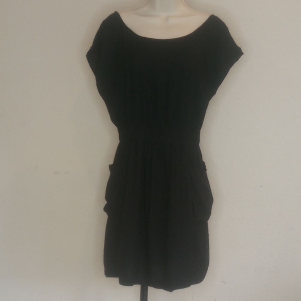 Imaginary Voyage Black Sheath Dress with Cap Dolman Sleeves and Scoop Neck Sz M